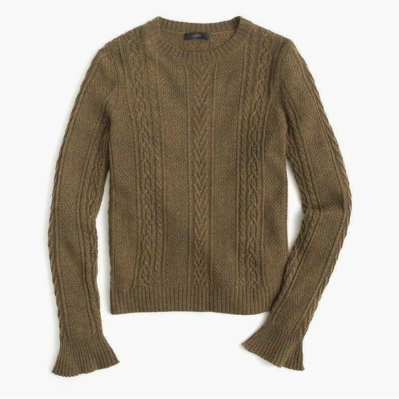 J.Crew Wool Olive Green Cable Knit Flare Sleeve Sweater - Picture 1 of 7